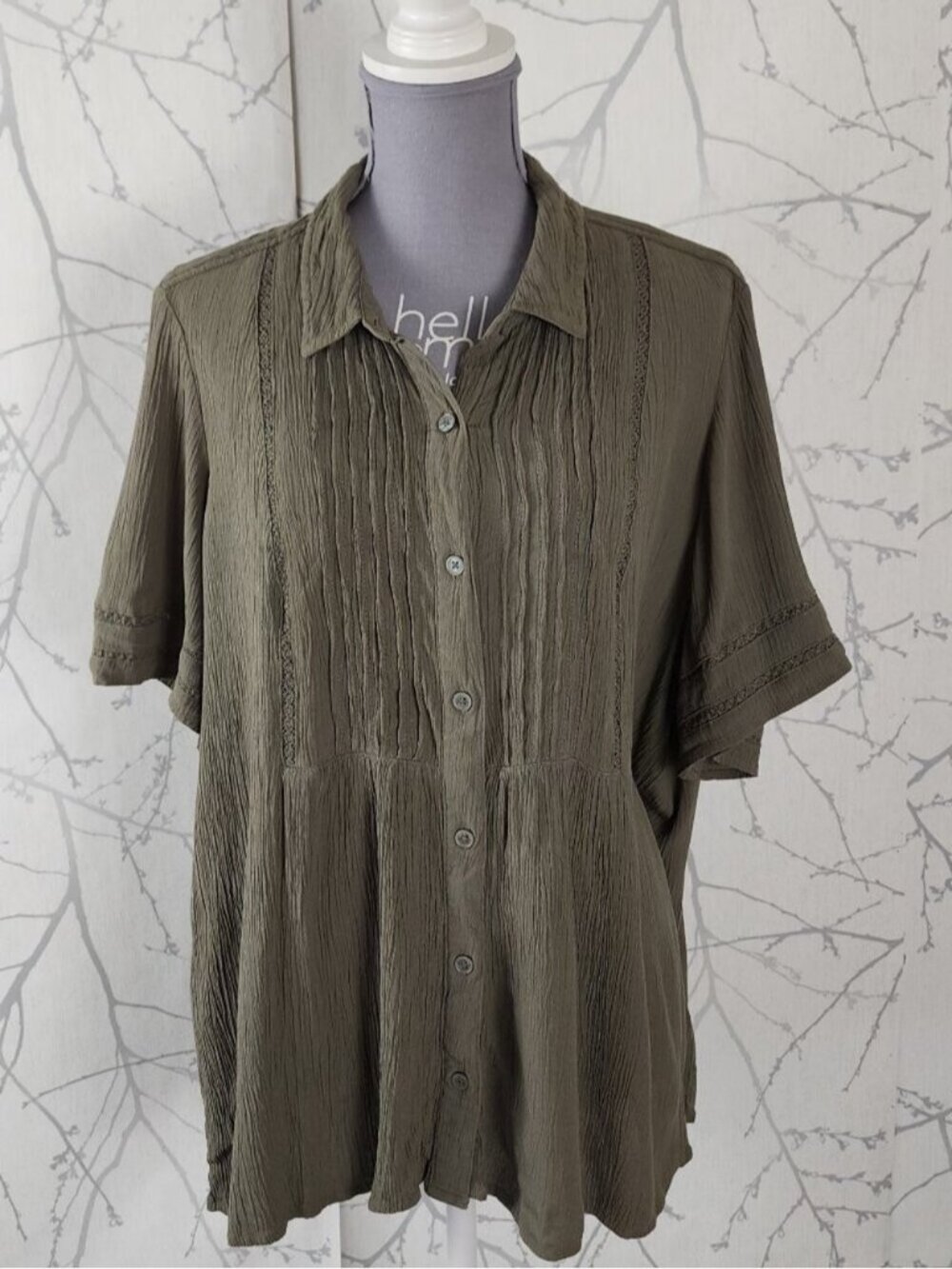 Style & Co Olive Green Crinkle Pintuck Button Front Shirt